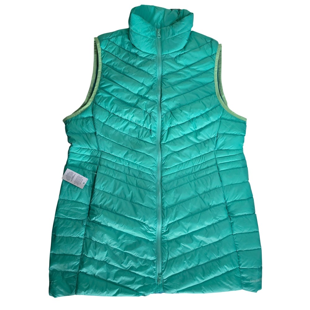 Lands End Womens Aqua Mint HyperDRY 800 Down Packable Puffer Vest Large 14-16